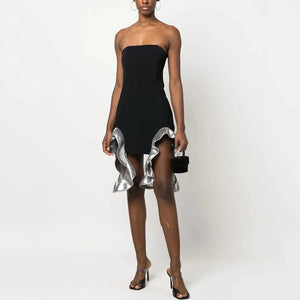 Strapless Irregular Ruffled Sequins Tight Mini Bandage Dress