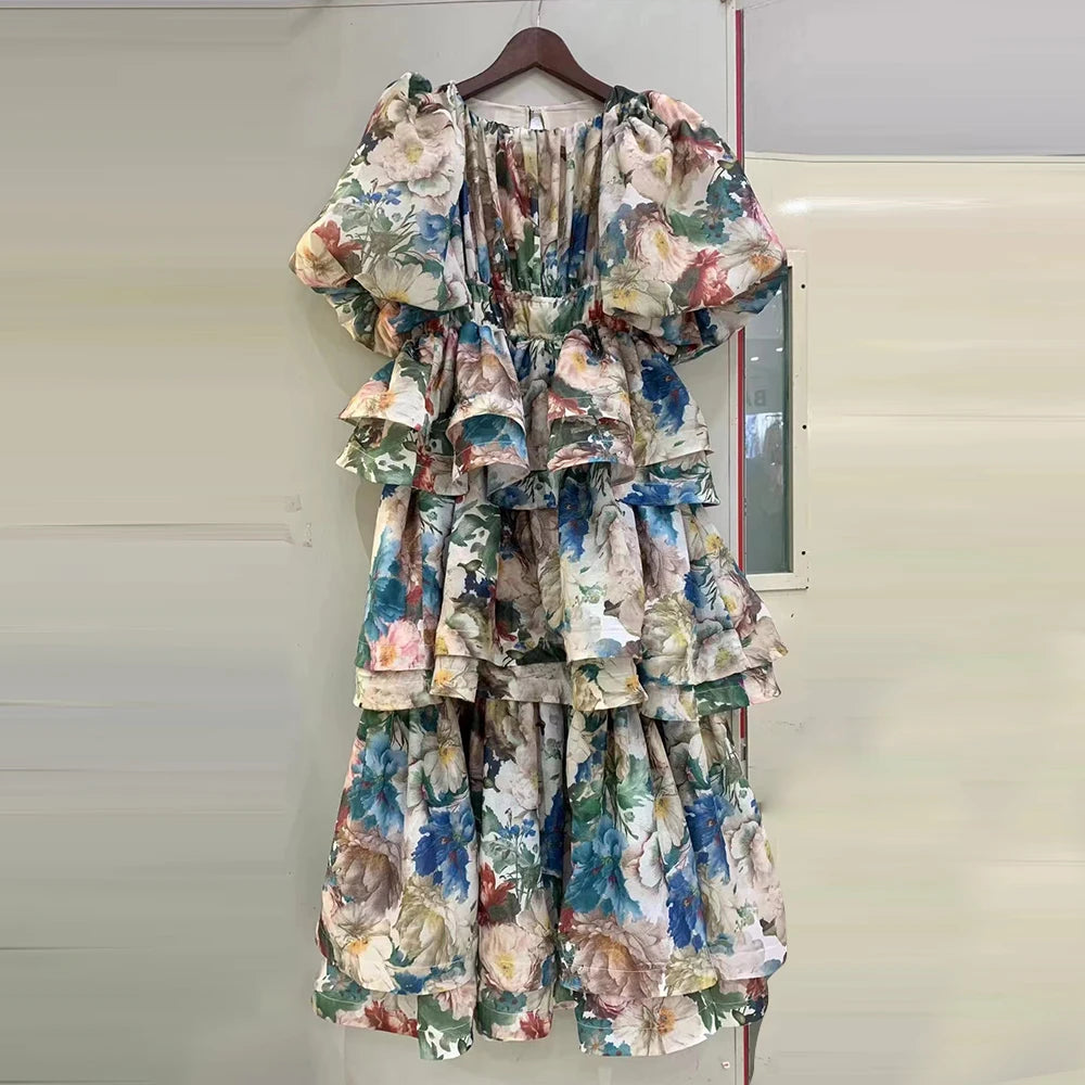 Hit Printing Puff Sleeve Loose A Line Vintage Dress