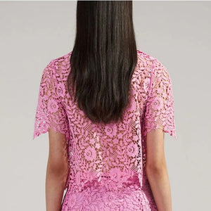 Button Decoration Pink Lace Cardigan/Same High Waist Skirt