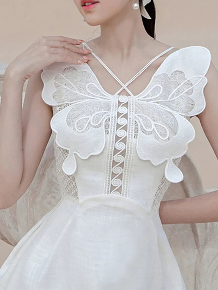 White Halter Patchwork Butterfly Embroidery Bow Dress