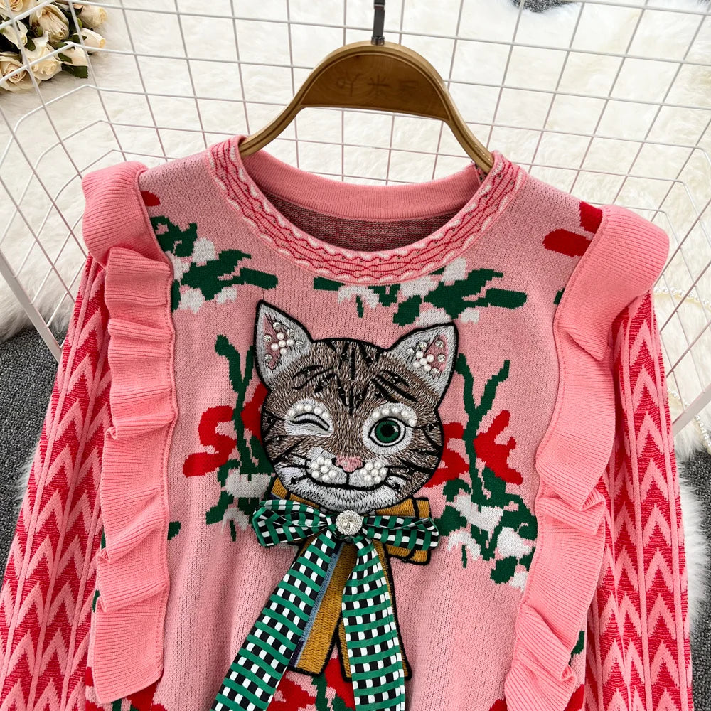 Diamonds Beaded Cat Bow Embroidery Sweater