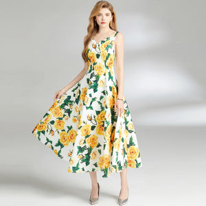 Summer Yellow Rose Spaghetti Strap Bohemian Dress