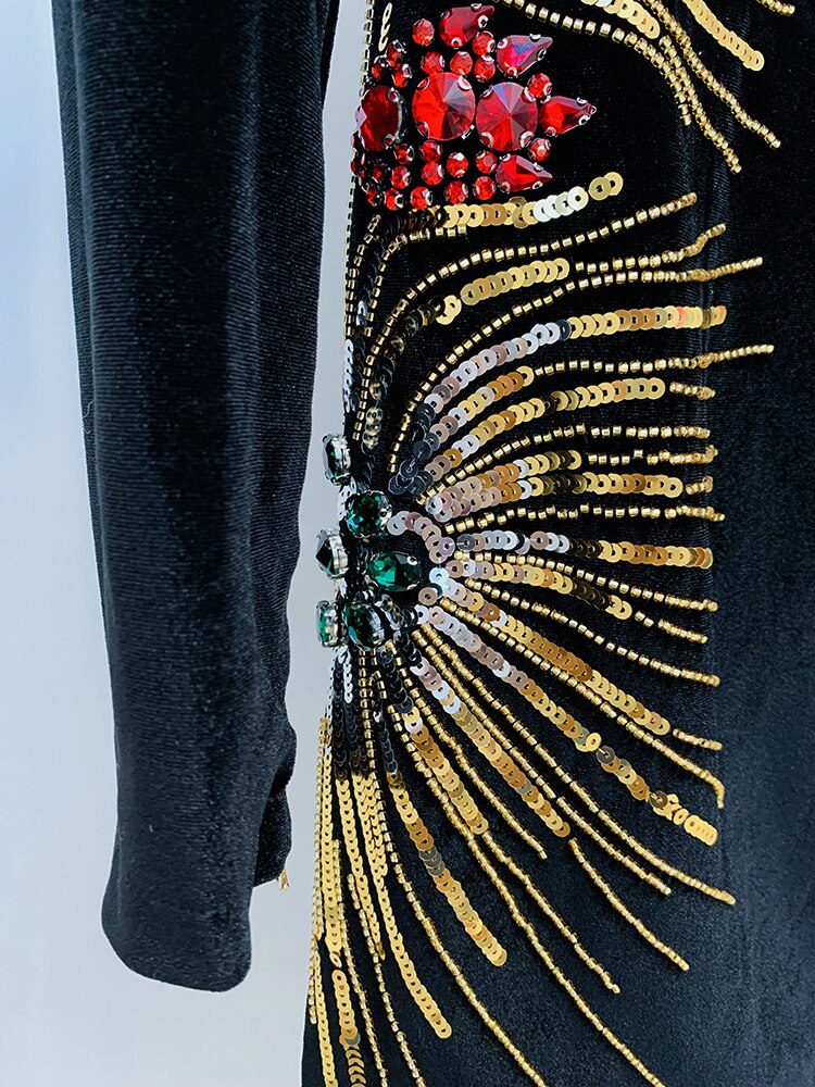 Designer Stunning Sequined Rhinestone Diamonds Beaded Velvet Dress