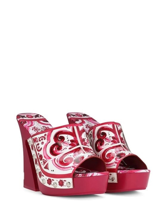 Blue and White Porcelain Printed Platform Mules