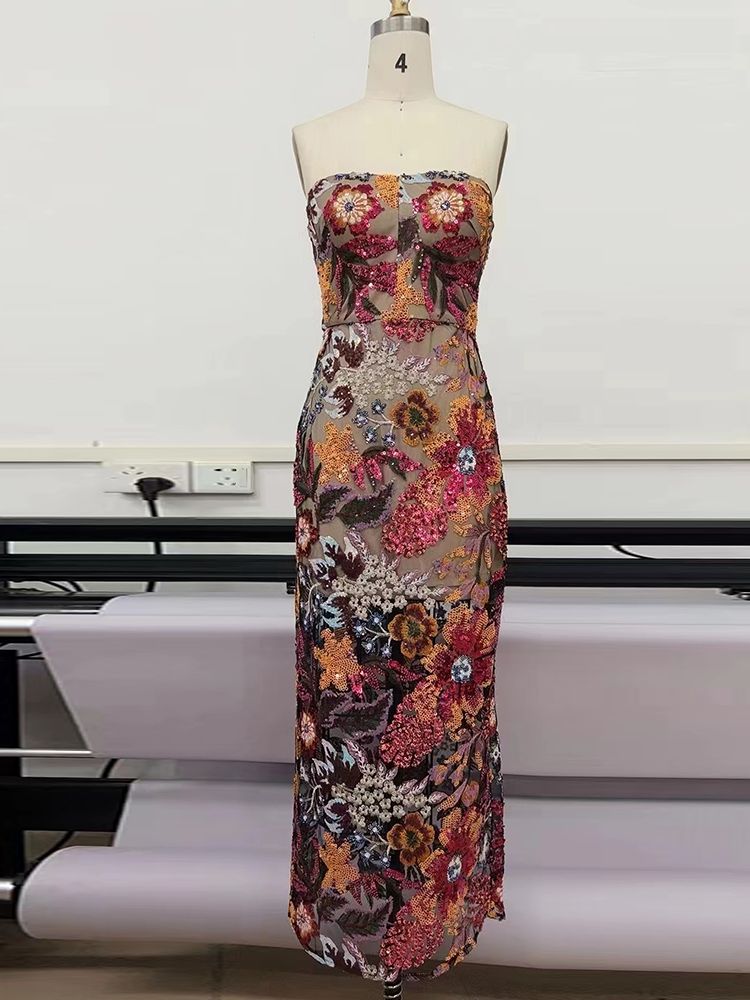 High Quality Luxury Strapless Sequins Flower Dress