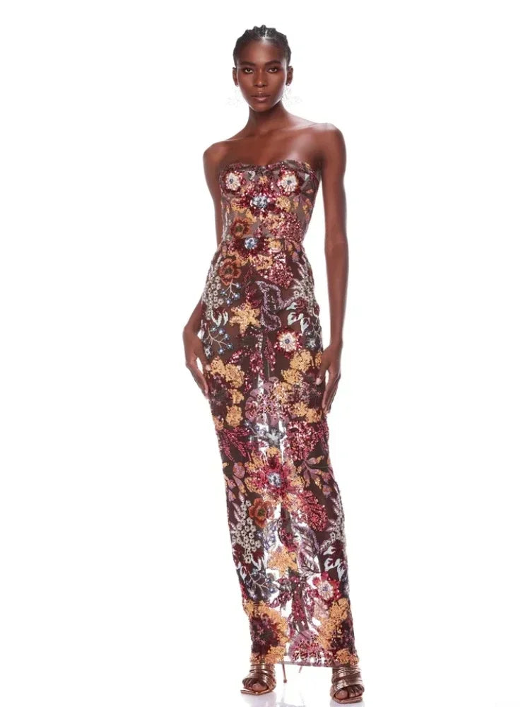 New Sexy Strapless Floral Sequin Long Dress