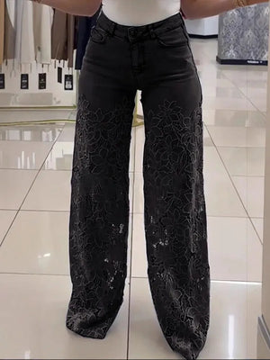 Plus Size Stretch Denim Jeans With Cut-Out Lace