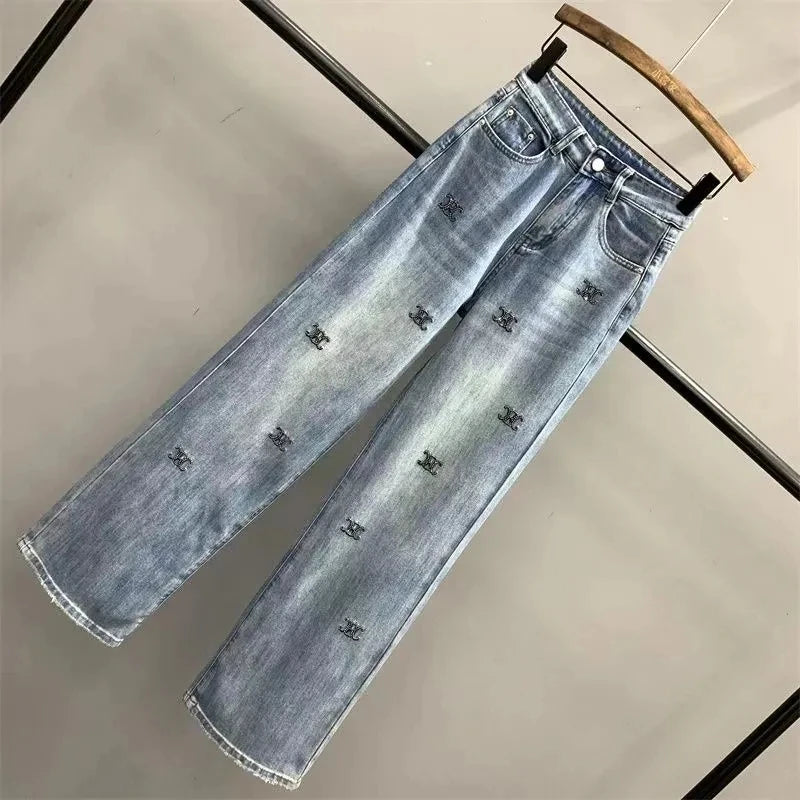 Light Blue Letter Embroidered Hot Diamond Denim Pants