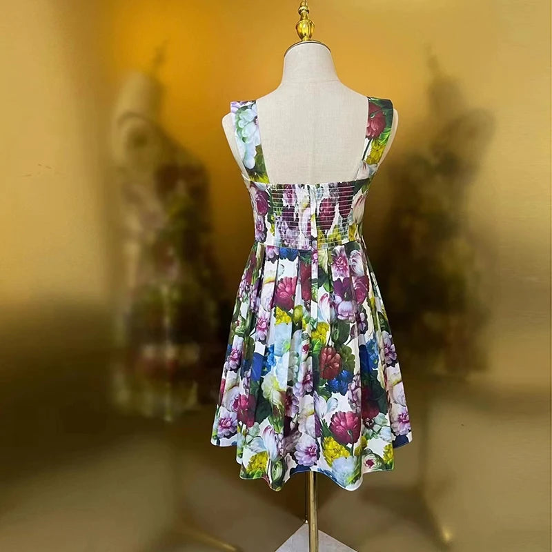 100% Cotton High Quality Flower Sicily Floral-Print Runway Dresses
