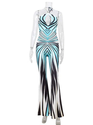 Halter Bandage Hollow Out Striped Skinny Flare Pants Rompers
