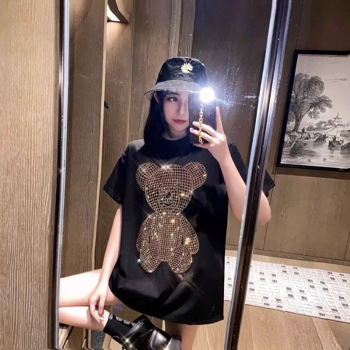 Trendy Diamond-Embellished Gold Bear Short Sleeve T-Shirt Plus Size