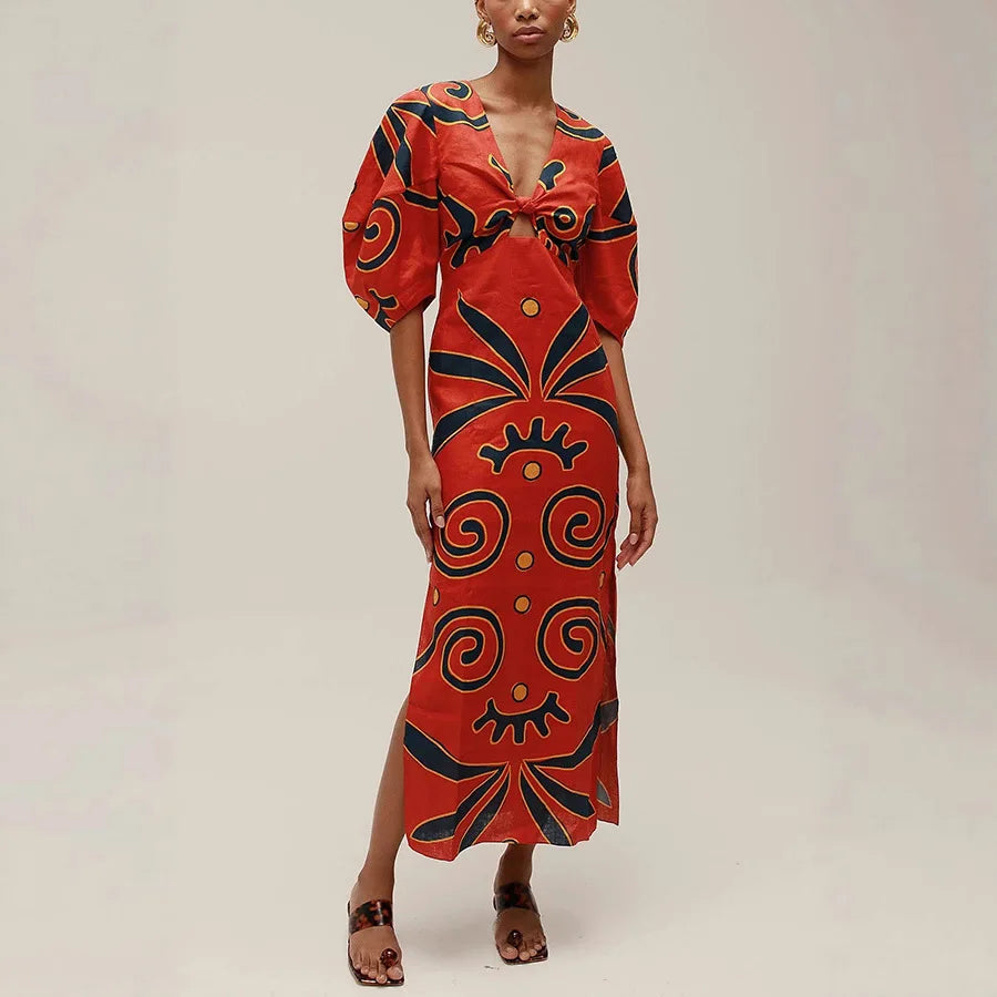 Floral Flower Color Stripes Printed Linen Dress