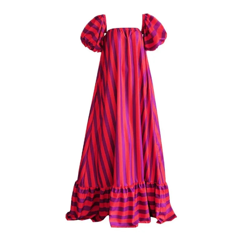 Bubble Sleeves Oversized Skirt Orange Striped Beach Vacation Dress
