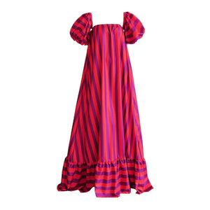 Bubble Sleeves Oversized Skirt Orange Striped Beach Vacation Dress