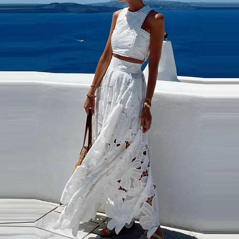 Crop Top & Maxi Skirts Set Embroidery Lace 2pcs