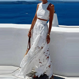 Crop Top & Maxi Skirts Set Embroidery Lace 2pcs