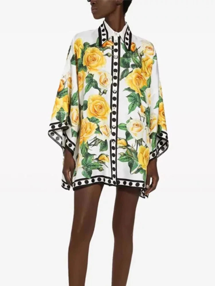 Yellow Rose Printed Single-breasted Shirt Bat Sleeve