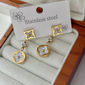Vintage Double Flower Stainless Steel Acrylic with Leaf Flower Pendant Earrings