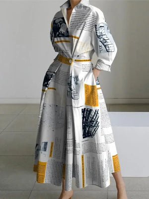Personality Newspaper Printed Lapel A-Line Dress