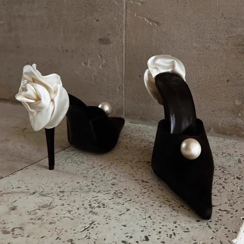 Satin Rose Flower Pearl Sandals