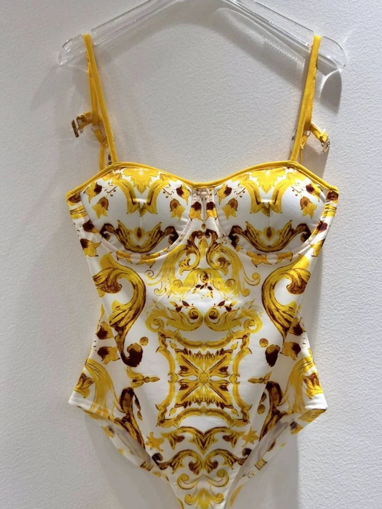 Retro Blue and White Porcelain Printing Swimsuit
