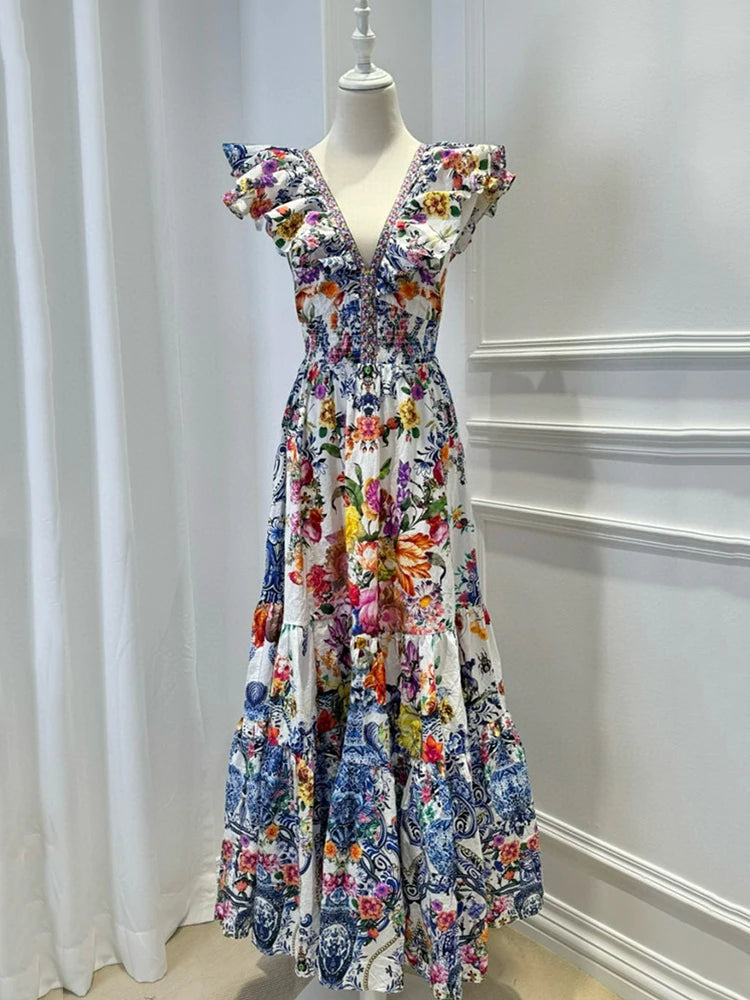 Retro Geometric Print V-neck Dress