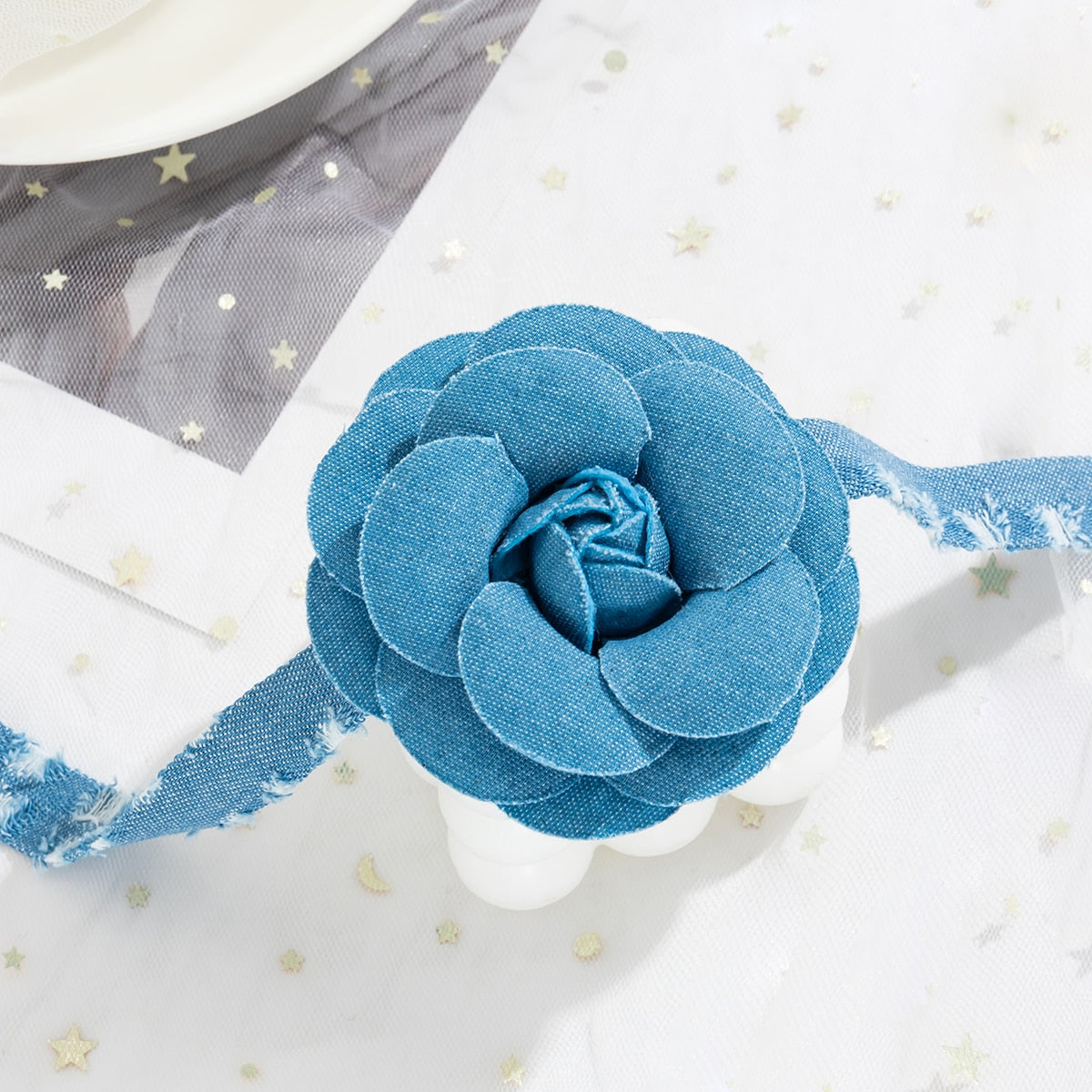 Blue Denim Strip with Large Flower Choker