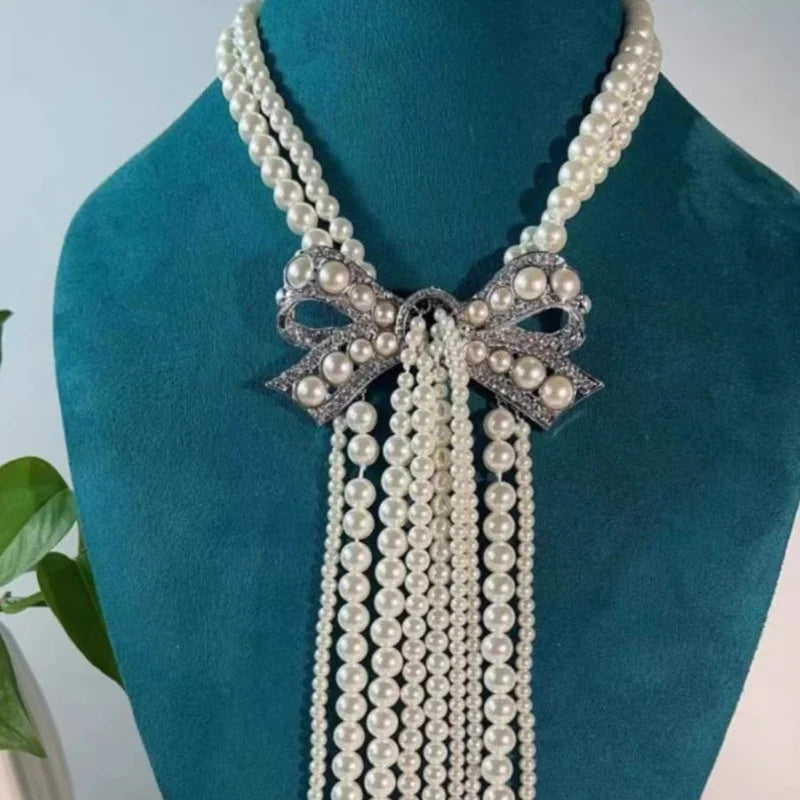 Light Luxury High-end Butterfly Bow Pearl Tassel Necklace