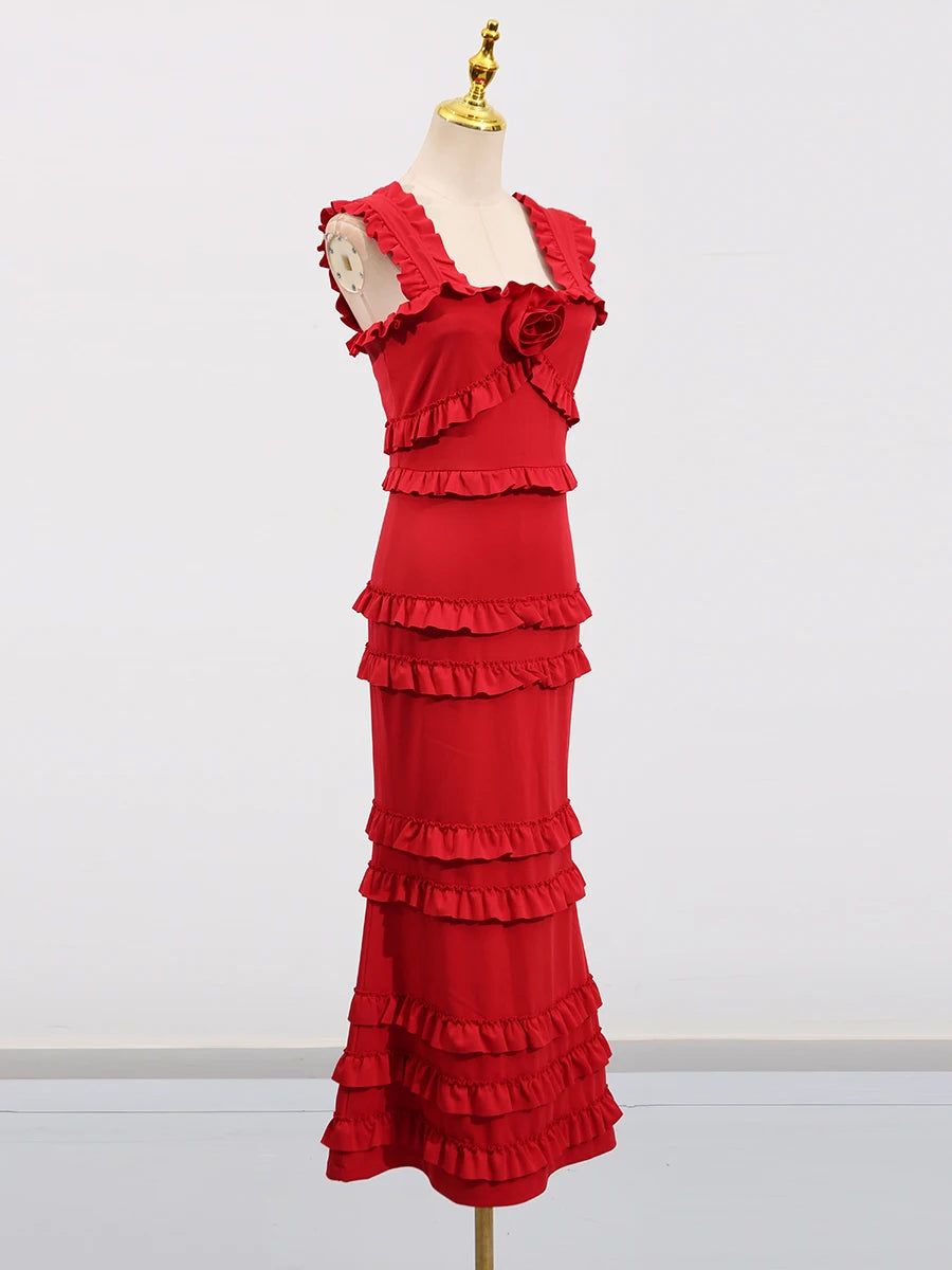 Square Collar Fungus Edge Fishtail Dress