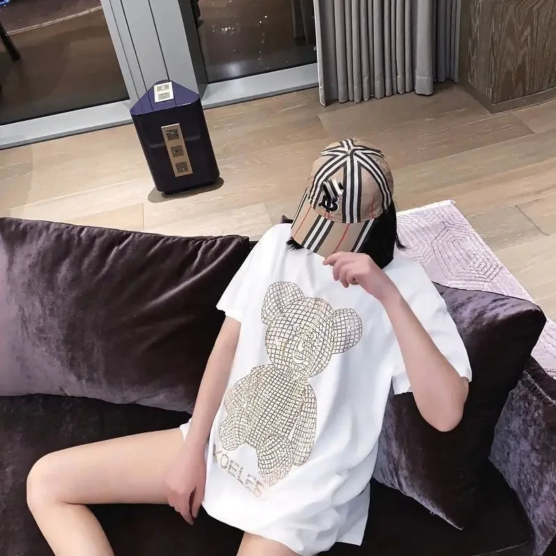 Trendy Diamond-Embellished Gold Bear Short Sleeve T-Shirt Plus Size