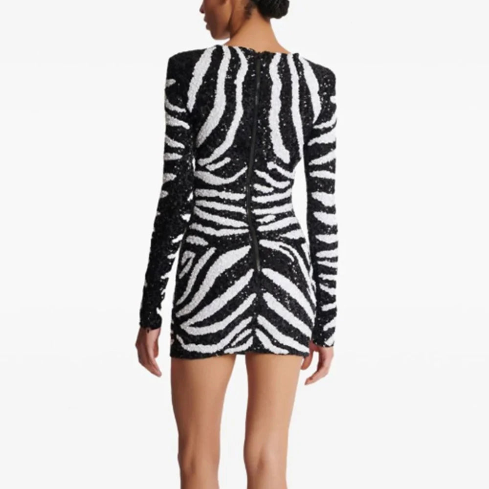 Patchwork Sequins Zebra Stripes Dress
