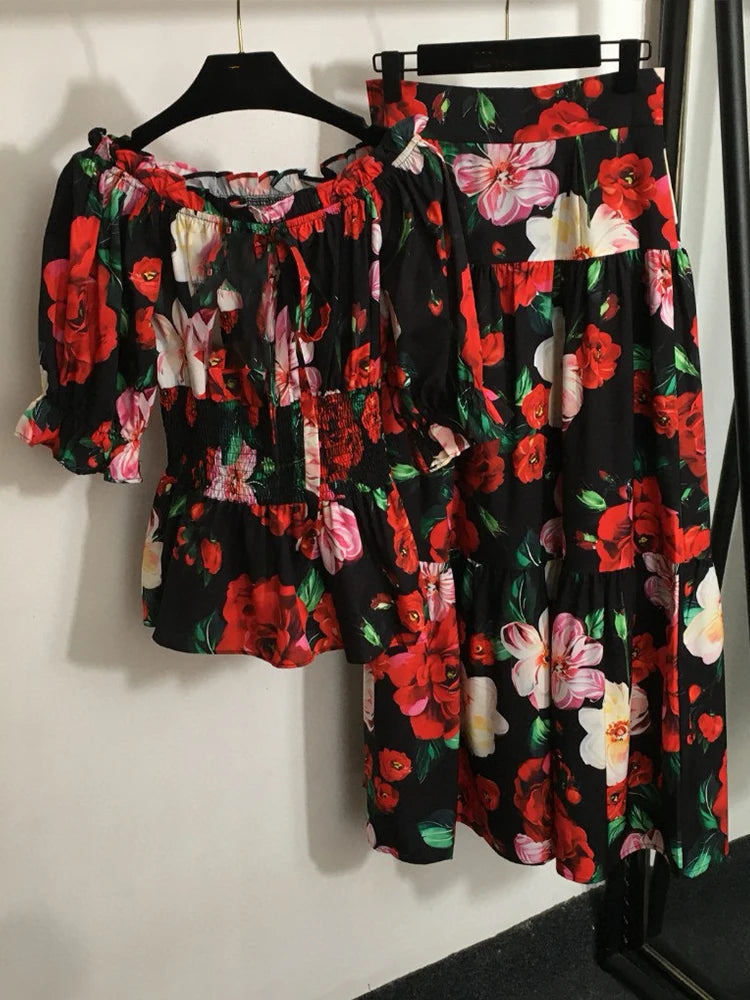 Retro Flower Printing Overskirt two-piece Suit