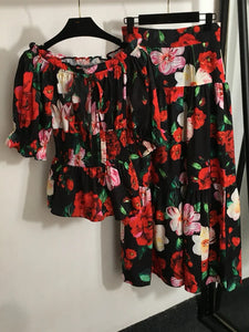 Retro Flower Printing Overskirt two-piece Suit