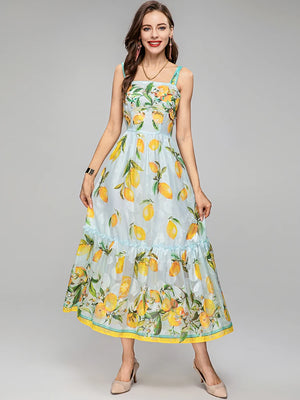 Runway Spaghetti Strap Crystal Sequins Beading Lemon Floral Print Dresses
