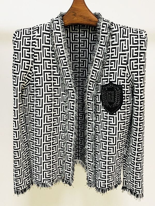 Designer Tassel Fringed Geometric Jacquard Tweed Jacket