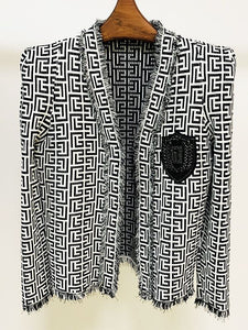 Designer Tassel Fringed Geometric Jacquard Tweed Jacket
