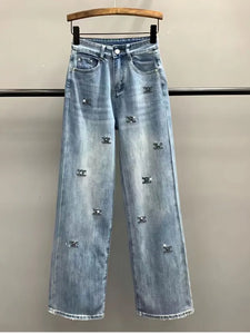 Light Blue Letter Embroidered Hot Diamond Denim Pants