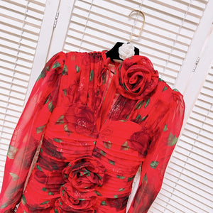 Pleated Three-dimensional Rose Print Dress