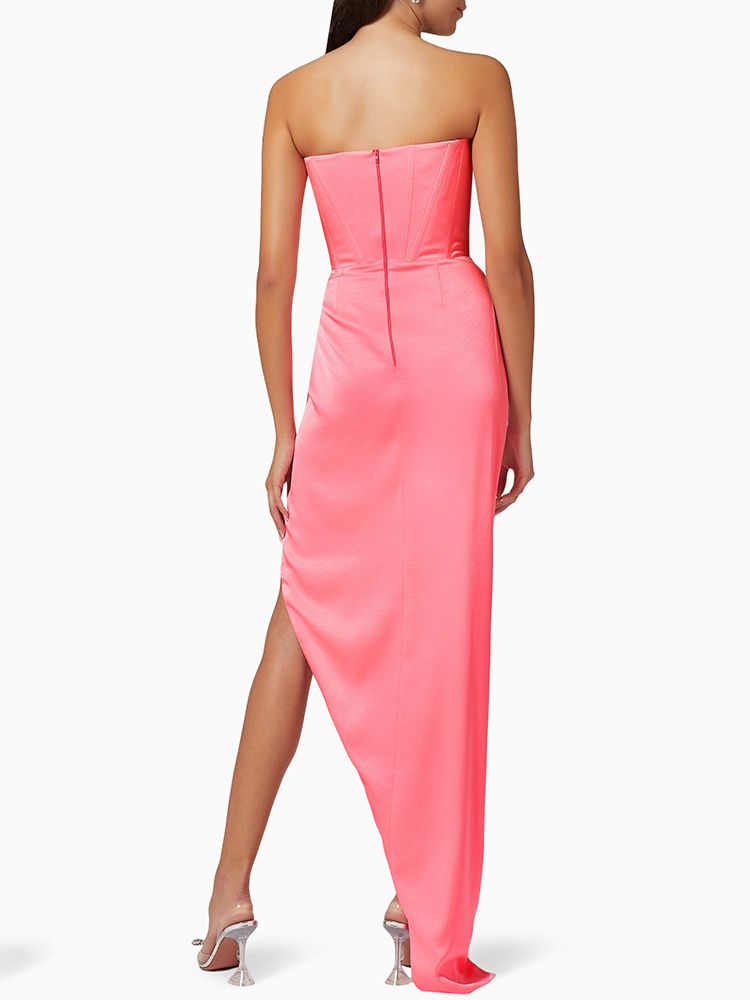 Strapless High Split Pink Bandage Dress