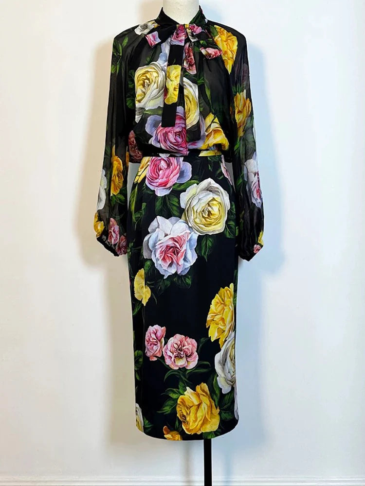 Flower Print Blouse and Skirt two-piece Suit