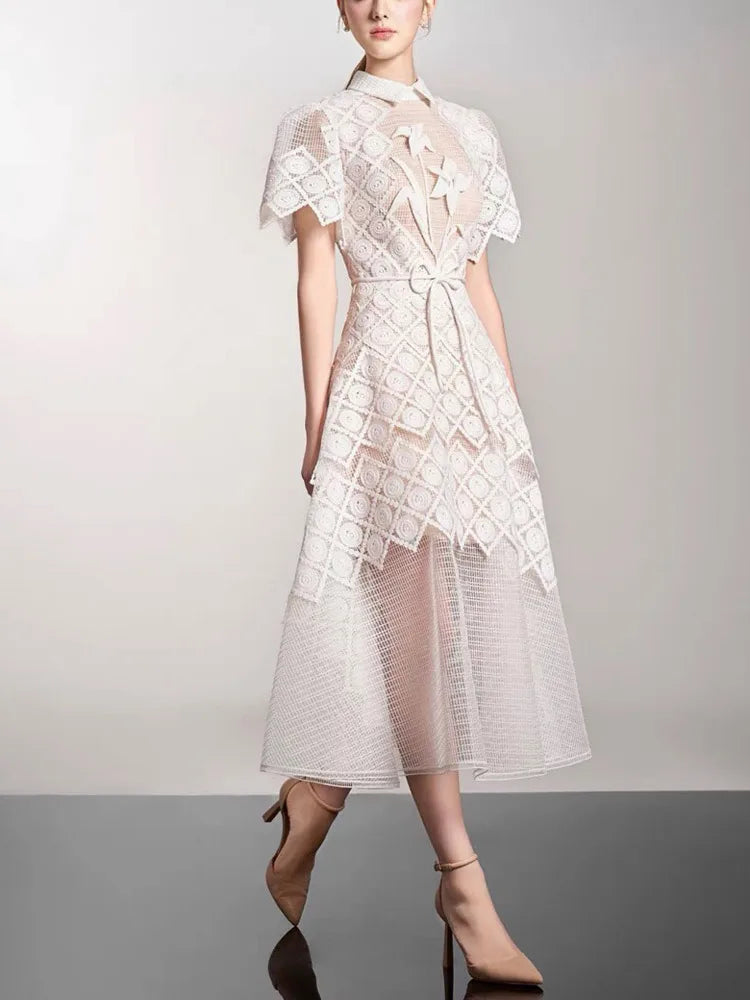Elegant Dress Lace Gauze Spliced Solid Color Dresses