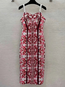Retro Geometric Print Back Color Contrast Strapless Halter Dress