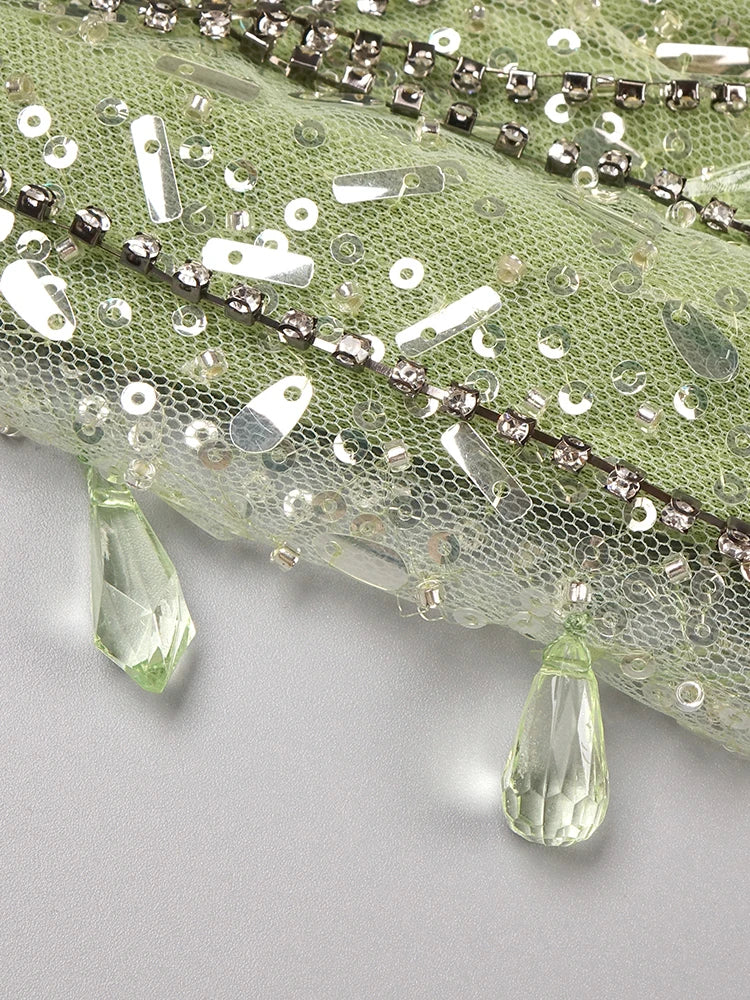 Green Feather Shining Sequins Strapless Slim High Slit Beads Tassels Dress