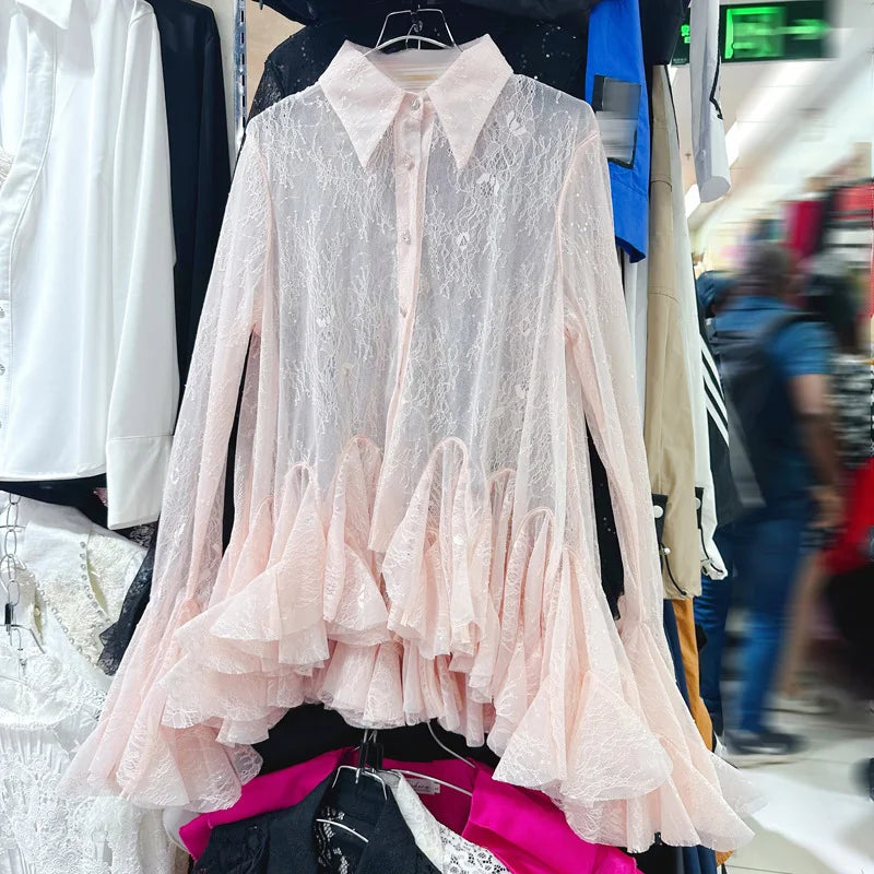 Sheer Spliced Ruffles Folds Mini Dresses