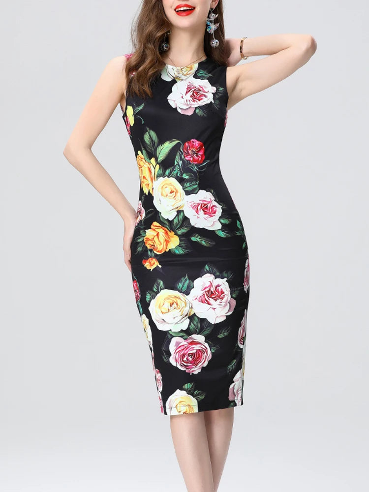 Retro Printed Slim Fit Round Neck Vest Dress