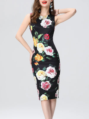 Retro Printed Slim Fit Round Neck Vest Dress