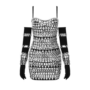 Luxury Gloves Diamond Bodycon Bandage Black Mini Dress