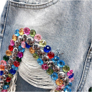 Designer Style Crystals Beading Ripped Denim Shorts