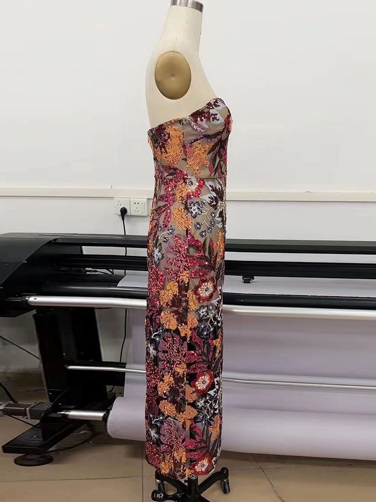 High Quality Luxury Strapless Sequins Flower Dress