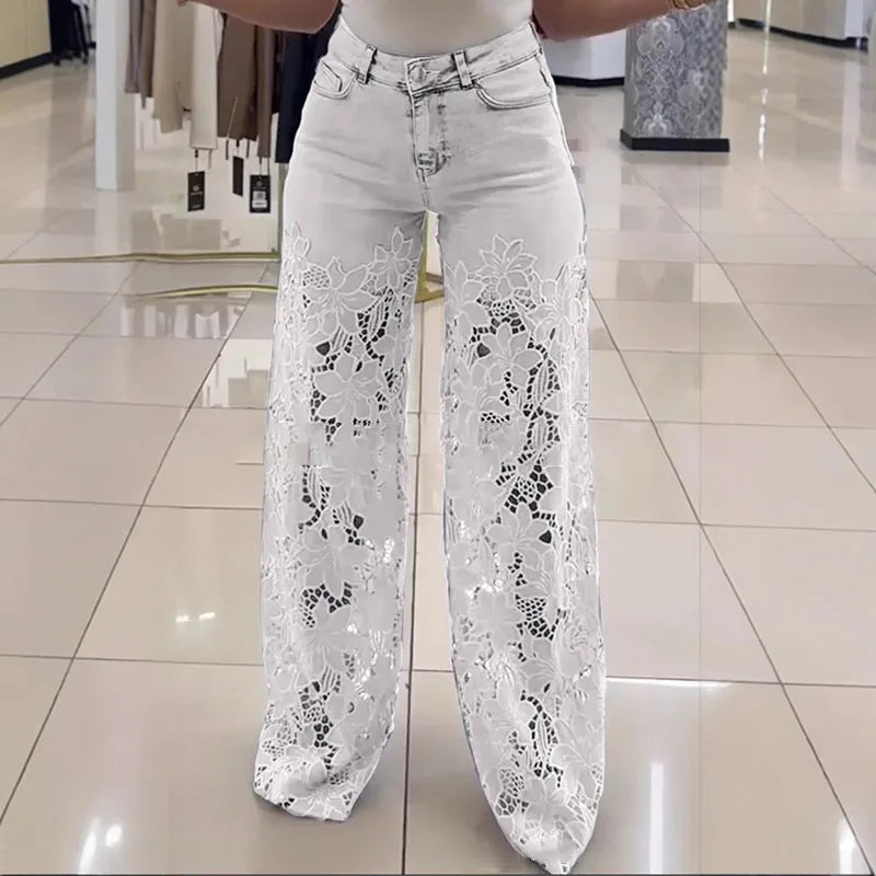 Plus Size Stretch Denim Jeans With Cut-Out Lace